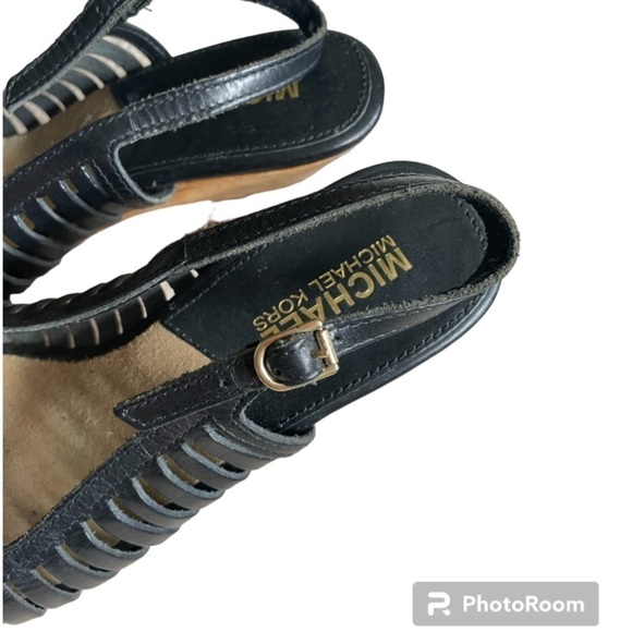 MICHAEL KORS | MICHAEL MK BLACK WOODE. STRAPY OPEN-TOE 5” HEELS, SIZE 6 - Picture 2 of 5